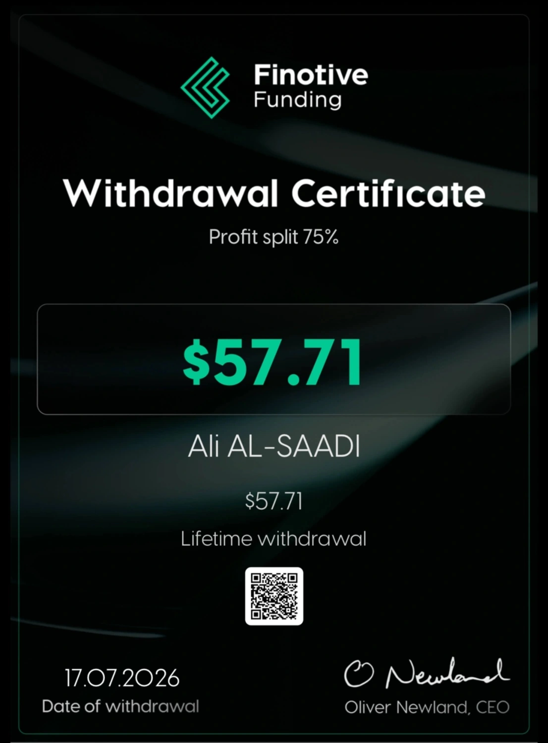 Payout certificate from Finotive Funding